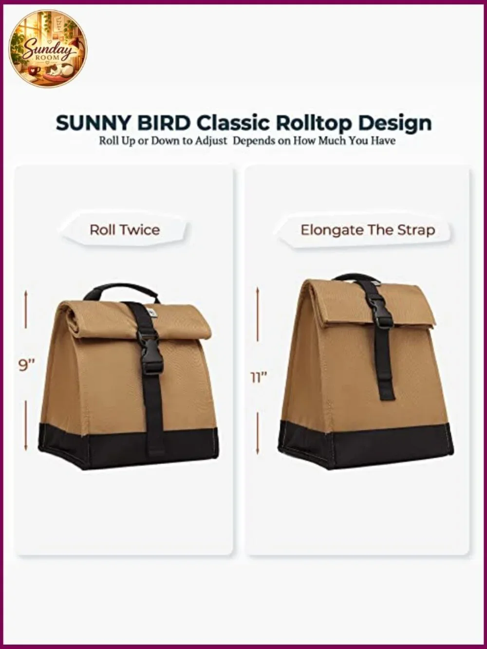 Insulated Lunch Bag Rolltop Tote with Adjustable Strap